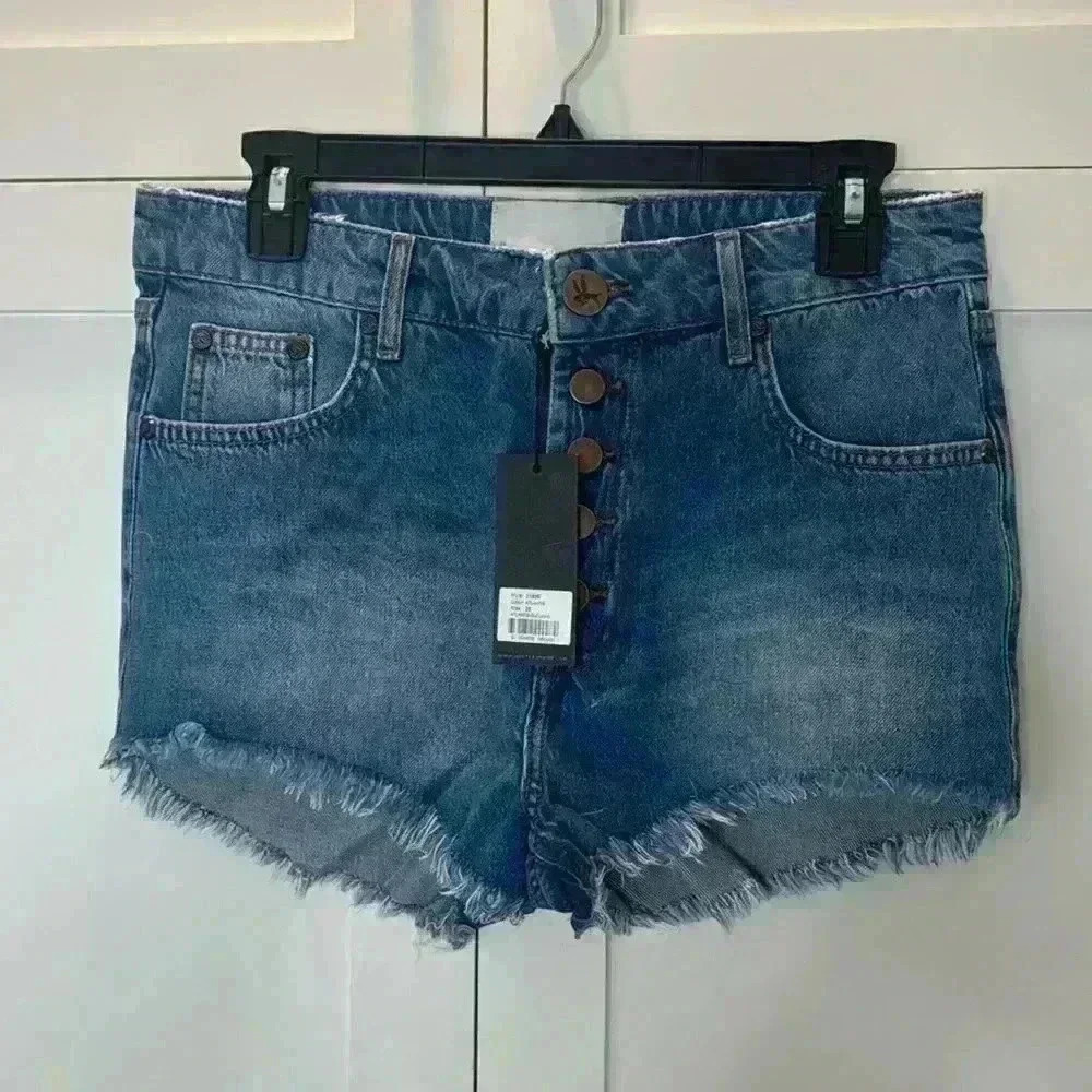 One Teaspoon Exposed Button Fly Cutoff Jean Shorts in Medium Wash Blue 25